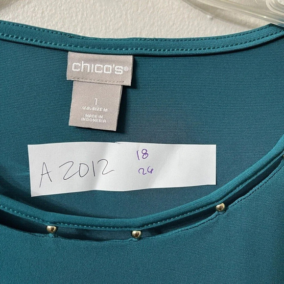 Chico’s Women’s Teal Bead Cut-Out Blouse Medium Liquid Knit Long Sleeve - Picture 2 of 6
